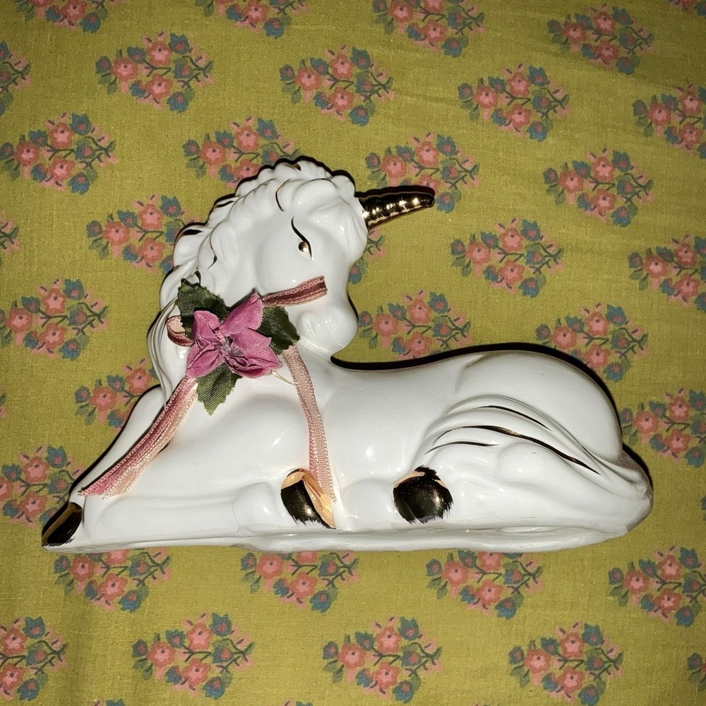 Vintage Porcelain Unicorn Pink Bow 7x9" Figure Figurine Statue Whimsical Decor